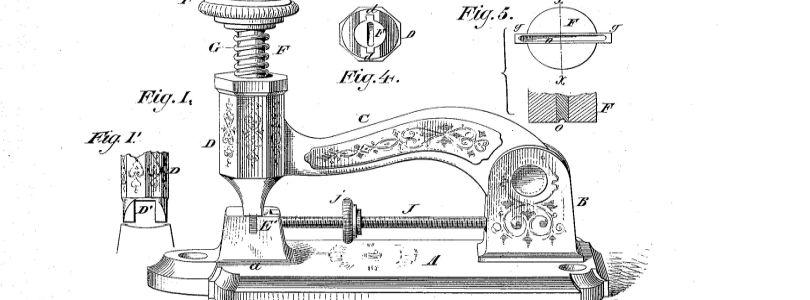 Drawing of McGill´s "Device for Inserting Metallic Staples in Paper, & c.", 1879 (US 212316A)