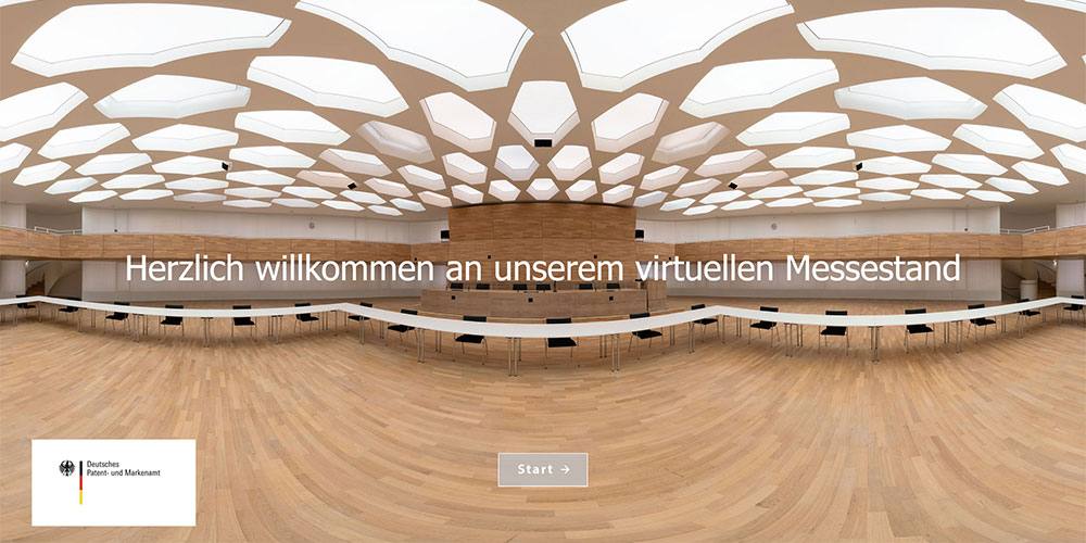 Screenshot Blick auf Startbildschirm des virtuellen Messestands des DPMA