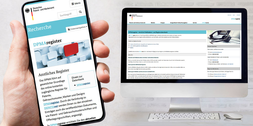 Bildschirm und Smartphone zeigen Screenshots vom DPMAregister