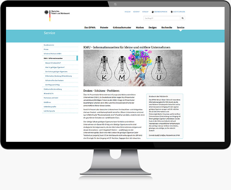 Screenshot der DPMA Website mit den KMU Infoseiten