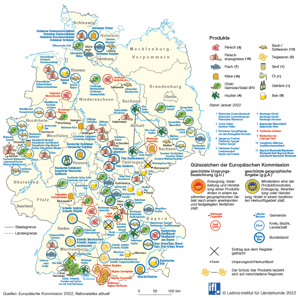 Karte Deutschland Lebensmittel mit geschützter geografischer Herkunft, © Leibniz-Institut für Länderkunde