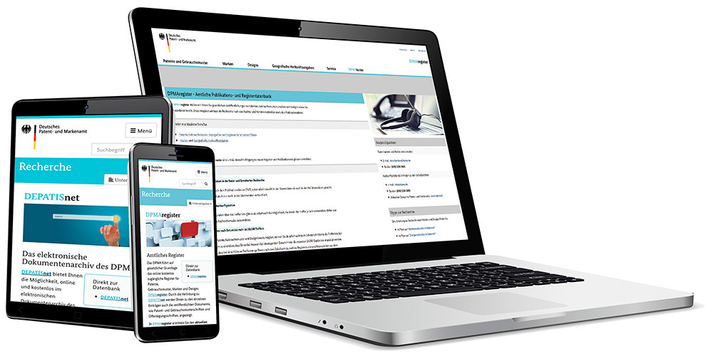 Bildschirm und Smartphone zeigen Screenshots vom DPMAregister und DEPATISnet, Mockup: iStock.com, fad1986