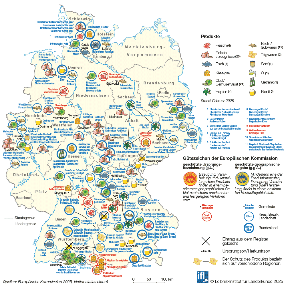 Karte Deutschland Lebensmittel mit geschützter geografischer Herkunft, © Leibniz-Institut für Länderkunde