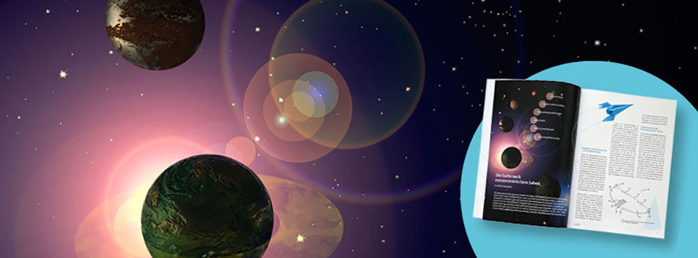 Eine Doppelseite der Publikation vor einer Illustration zum Sonnensystem, Bildnachweis: DPMA