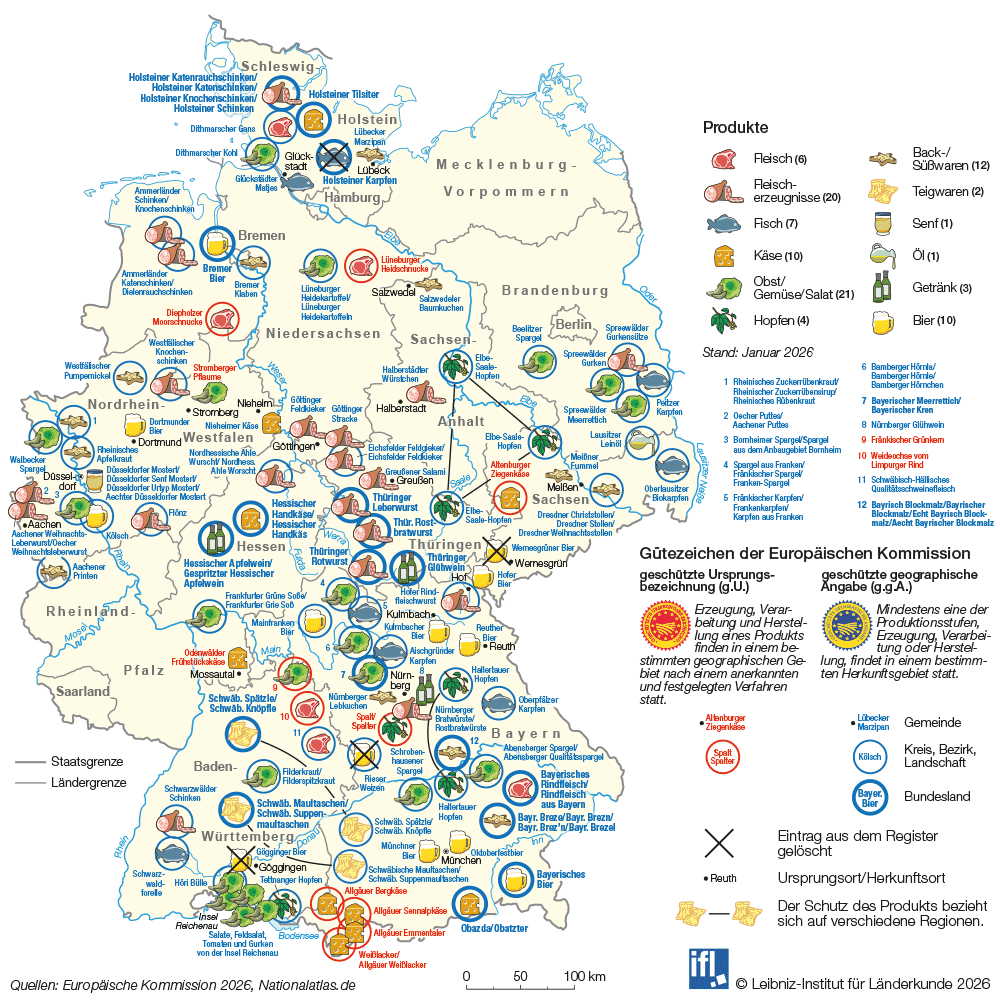 Karte Deutschland Lebensmittel mit geschützter geografischer Herkunft, &copy; Leibniz-Institut für Länderkunde