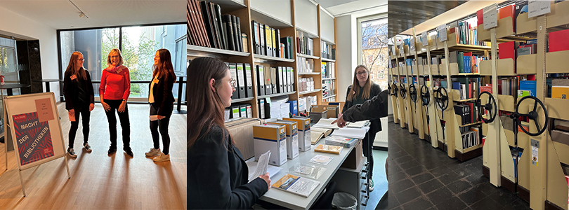 Collage vor Schild "Nacht der Bibliotheken", zwei junge Frauen mit Loseblattsammlung und Büchermagaz
