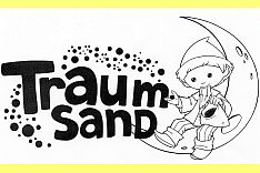 Schriftzug Traumsand mit Sandmännchen im Mond