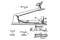 Drawing from "Device for inserting metallic staples" by Henry R. Heyl, 1877 (US 195603A)