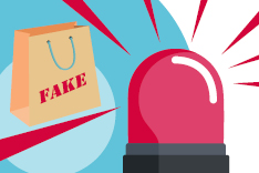 Blaulicht vor Einkaufstüte mit Aufschrift "Fake"