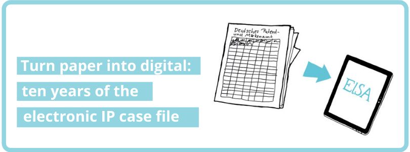 Paper file and tablet and slogan "From paper to digital- 10 years of electronic file"