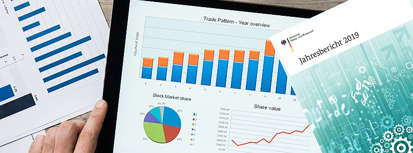 Fotokollage mit Jahresbericht 2019 und Statistikdiagrammen