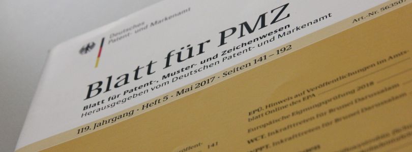 Titelseite Blatt für Patent-, Muster- und Zeichenwesen