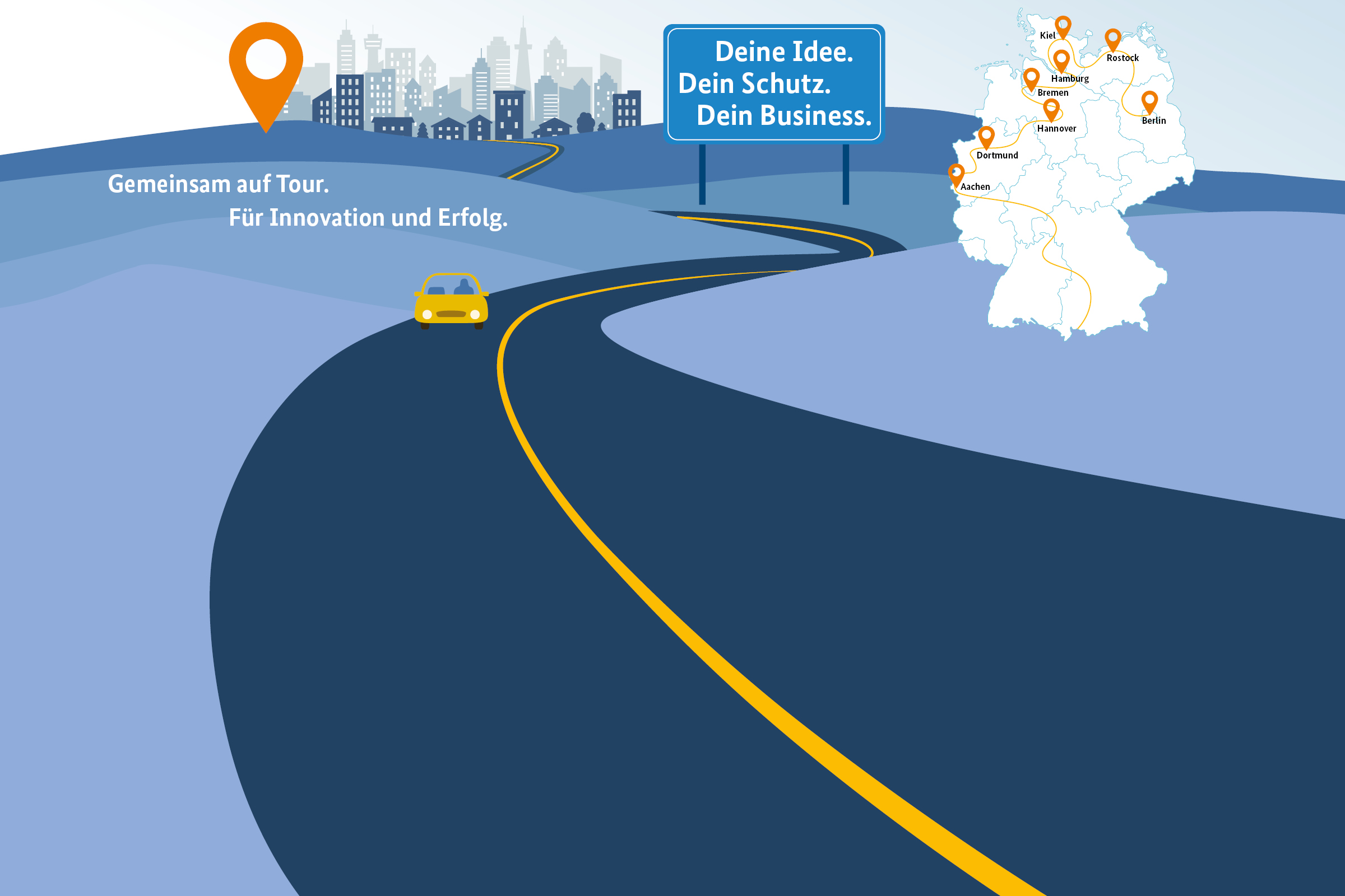 Straße mit einem kleinen Auto und Deutschlandkarte