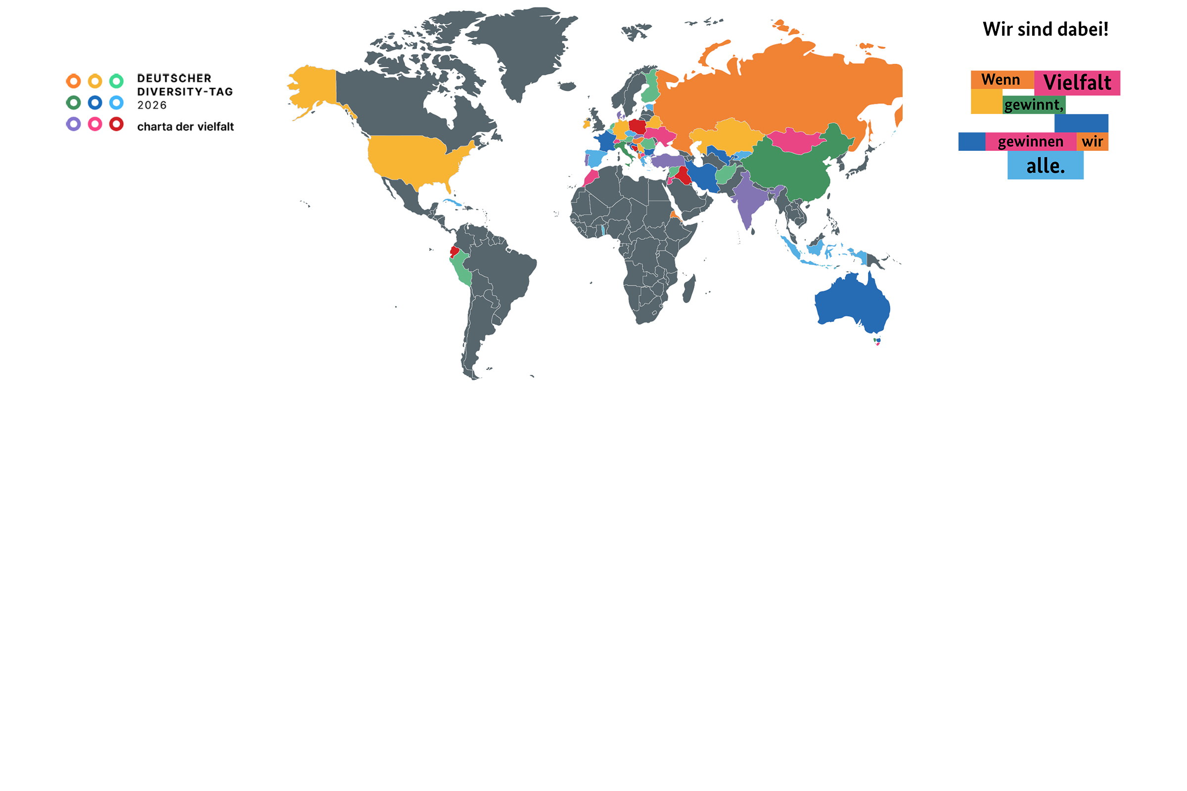 Logo Deutscher Diversity Tag und bunte Weltkarte mit den 49 Herkunftsländern der DPMA-Belegschaft