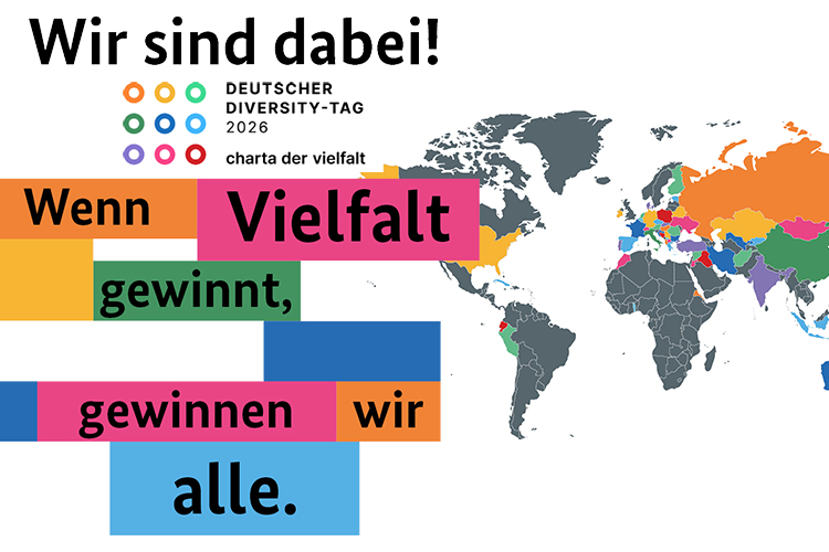 Logo Deutscher Diversity Tag und bunte Weltkarte mit den 49 Herkunftsländern der DPMA-Belegschaft