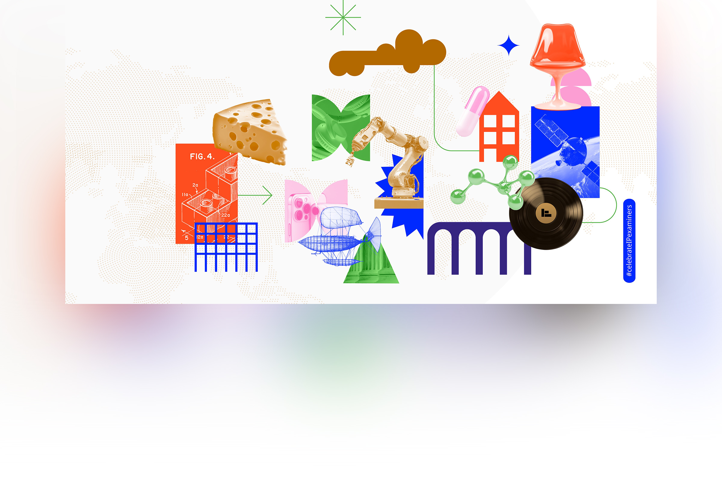 Grafik mit Patentschriften, Käase, Schallplatten und anderen Produkten