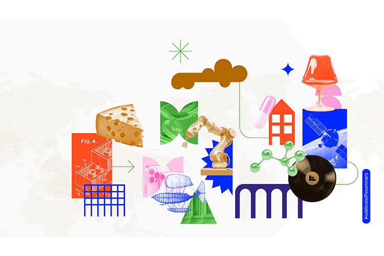 Grafik mit Patentschriften, Käase, Schallplatten und anderen Produkten