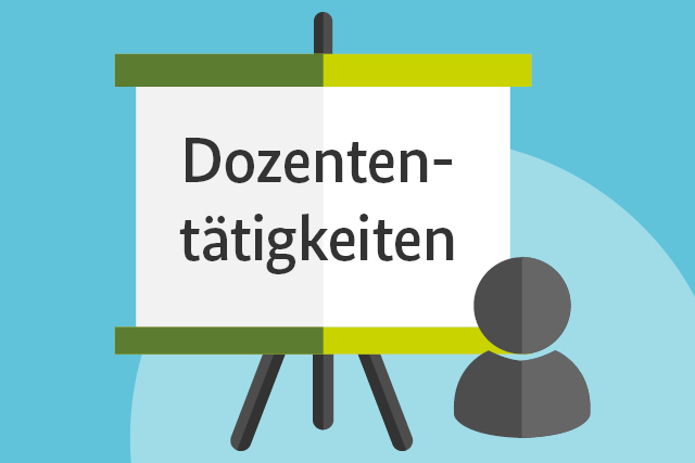 Flipchart mit Person und Text: "Dozententätigkeiten"