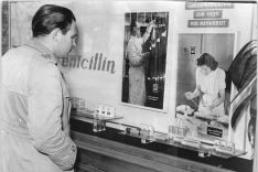 Penicillin advertising in a pharmacy window in Germany, 1954