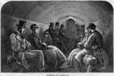 Zeichung: Im Pendelwagen in der Tower Subway, 1870