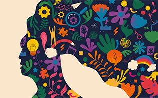 Frauenkopf mit Glühbirne und Blumen