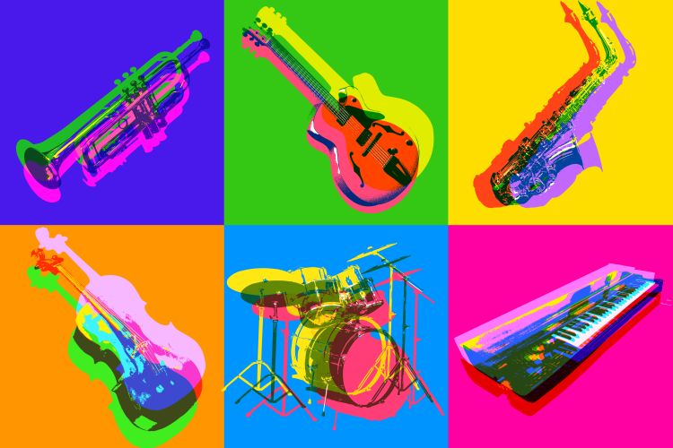 Pop-Art-Collage mit mehreren Musikinstrumenten 