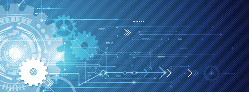 Blue graphic with gear-wheel and circuit diagram