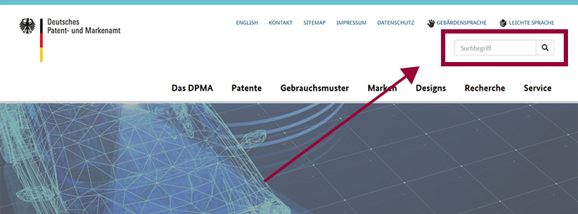 Startseite DPMA mit hervorgehobenem Suchfeld