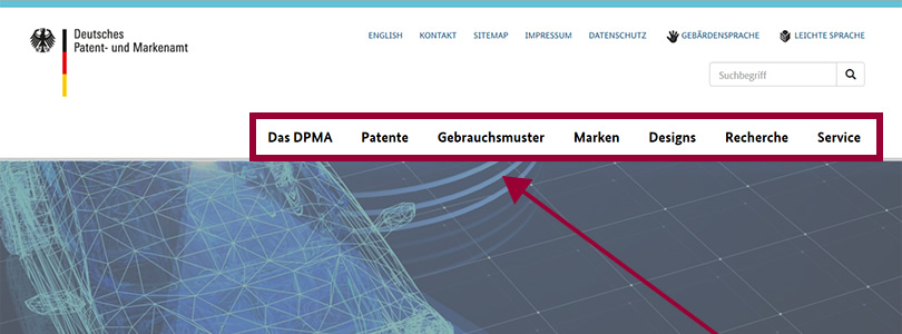 Startseite DPMA mit hervorgehobenen Hauptbereichen